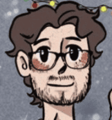 An illustration of a white man with brown hair, glasses, and a beard.